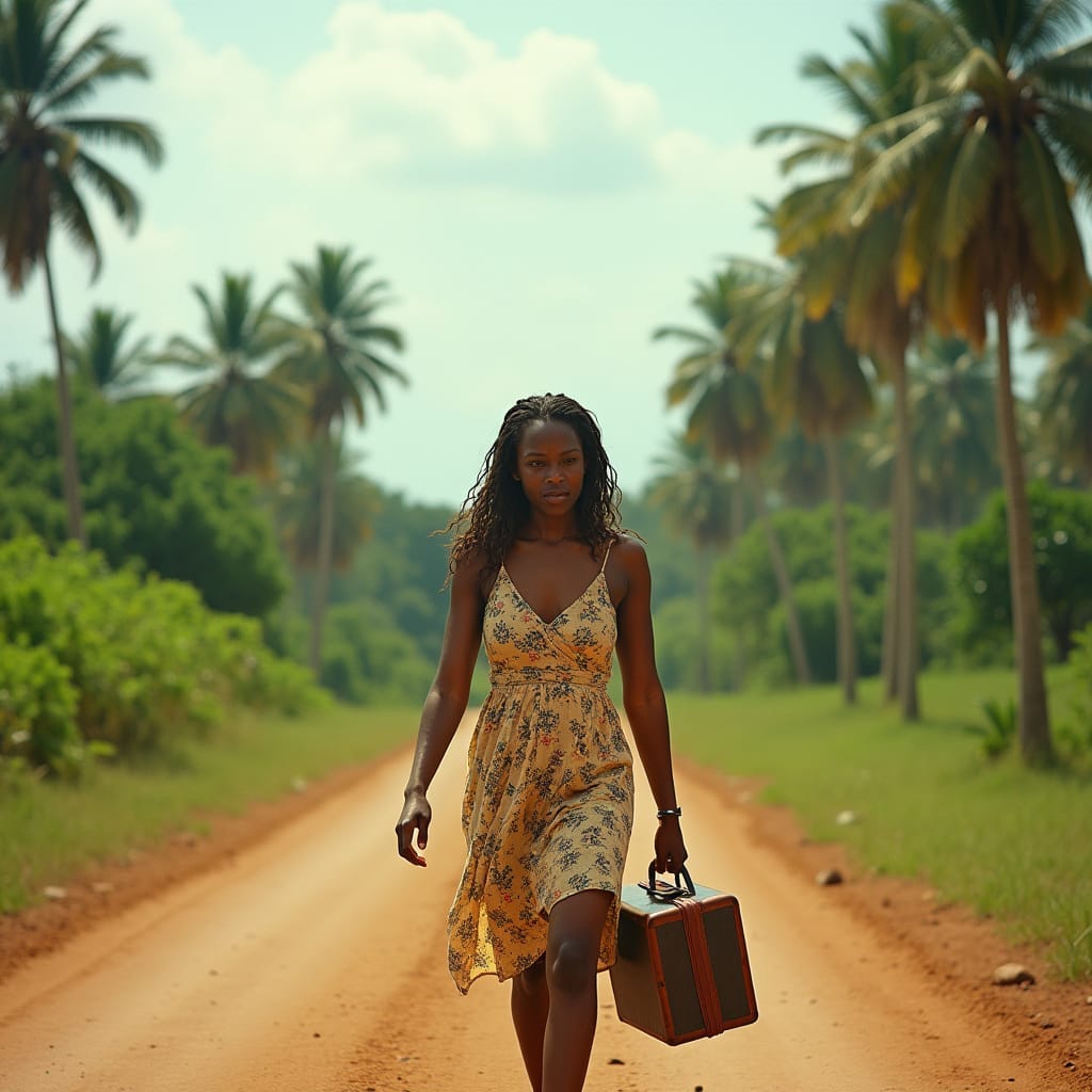 A weary woman, dressed in a worn floral dress and carrying a small suitcase, walks down a dusty Jamaican road, her eyes fixed on the horizon, her face etched with a mix of determination and desperation, as she flees an abusive past. The warm Caribbean sun casts a golden glow on her worn skin, accentuating the scars of her ordeal. In the background, a lush green landscape stretches out, with towering palm trees swaying gently in the breeze.