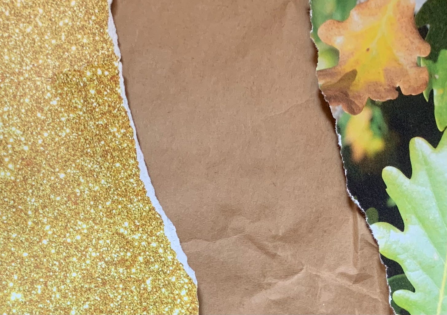 Collage of ripped pages of gold glitter, a paper bag, and a photograph of leaves