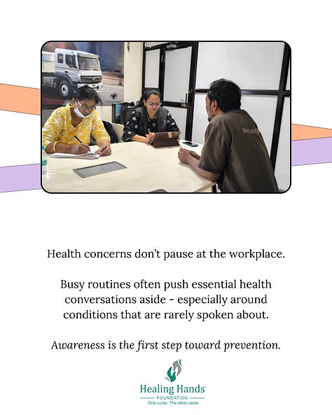 Workplace wellbeing goes beyond desks and deadlines; it begins with awareness and timely care.  Healing Hands Foundation, in collaboration with Autobahn Corporation BharatBenz, conducted a free health awareness and consultation camp at their Chakan (Khed) branch. The camp focused on #Piles, #Fissures, #Fistula, #PilonidalSinus, #ChronicConstipation, as well as #Hernia and #VaricoseVeins.  A total of 25 employees and team members from Autobahn Trucking Chakan (BharatBenz),  benefited from the initiative.  Participants received consultations, counselling, and medical guidance, encouraging them to address health concerns often overlooked in demanding work routines.  The camp was supported by the Healing Hands Foundation team, with Dr Ashwini Pargewar,  along with Anita Said, Anand Mishal, Ujjwala Khalate, Sheetal Bhosale, and Raosaheb Galphade, ensuring seamless coordination and compassionate patient care throughout the day.