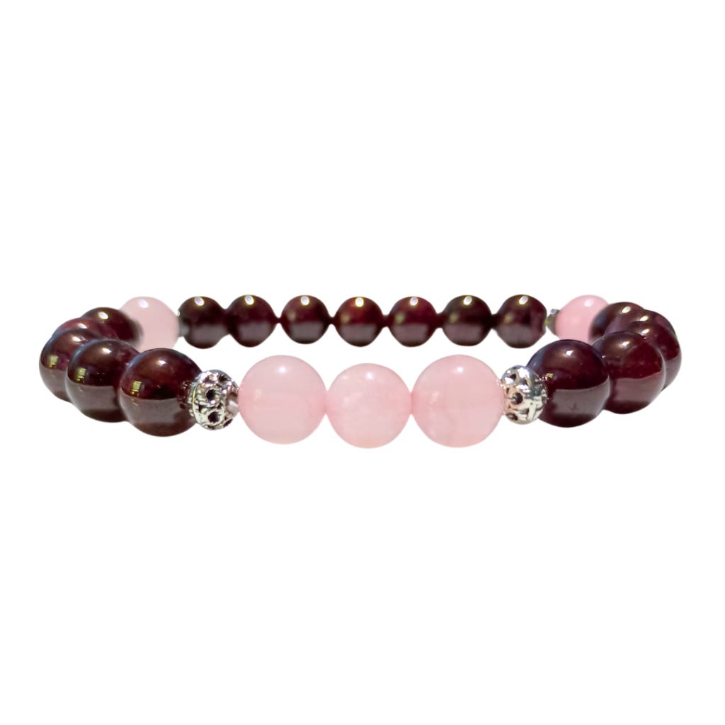 Beautiful Balance Rose Quartz & Garnet Bracelet, side view, white BKG Beautiful Balance Rose Quartz & Garnet Bracelet, side view, white BKG