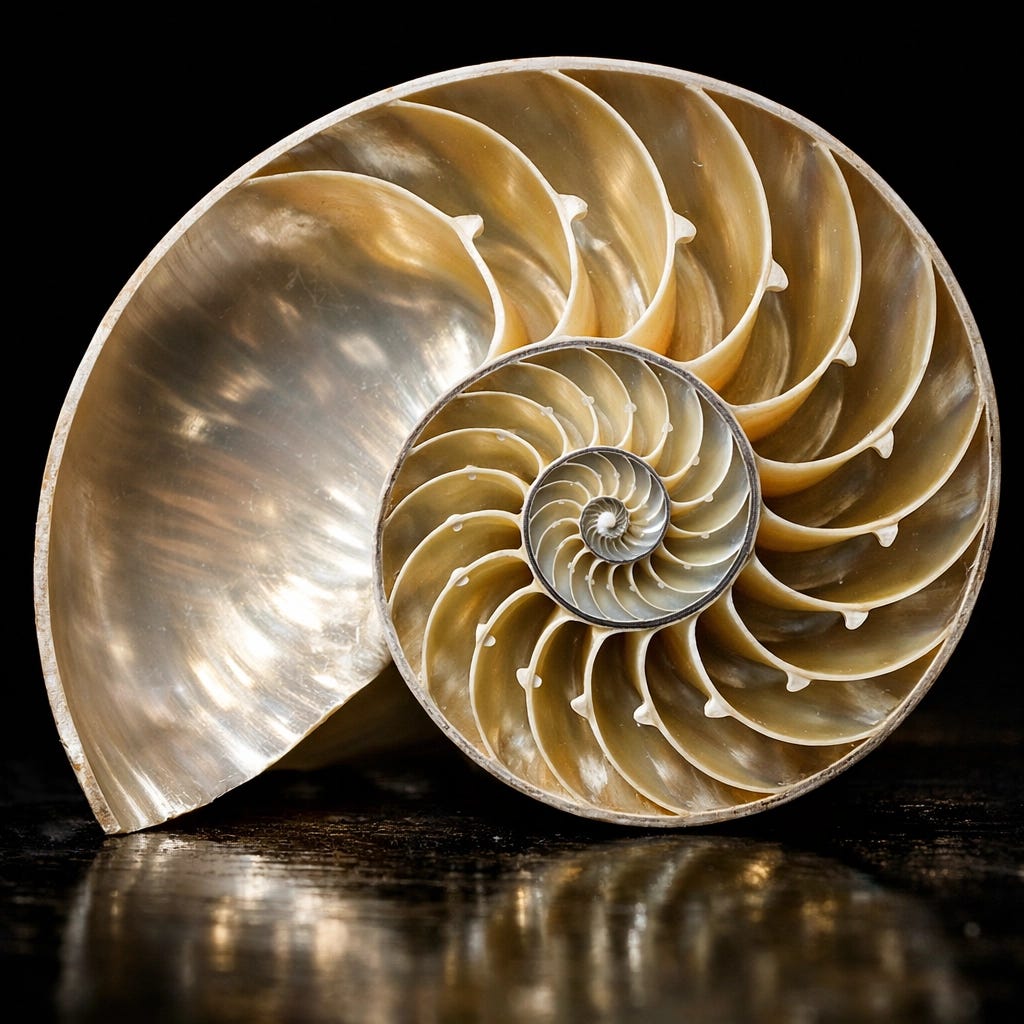 A nautilus shell showing a natural spiral, representing the inherent order of Natural Law and biological reality.