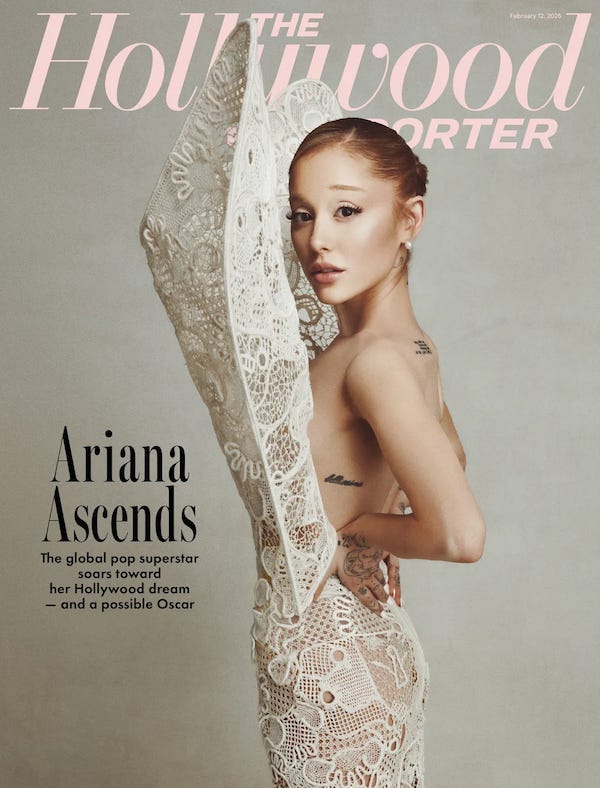 The cover of The Hollywood Reporter with Ariana Grande photographed by AB + DM and wearing a Schiaparelli dress which looks like a white woven sculpture on her body.