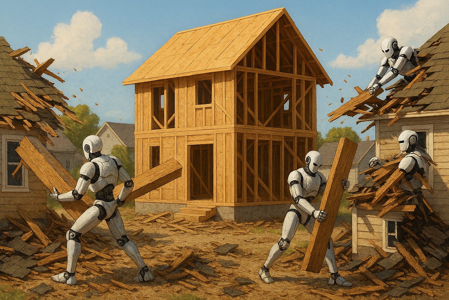 Robots deconstructing houses to build a new house