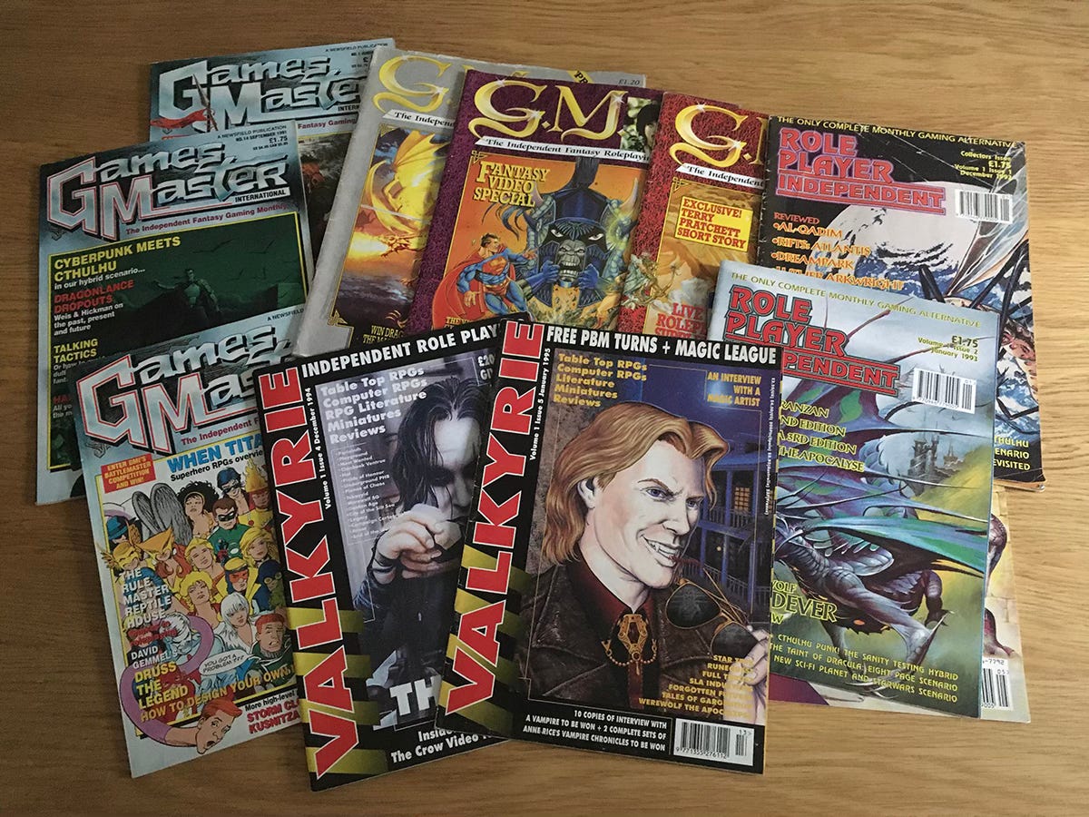 Various RPG magazines from the ‘90s: G.M. The Independent Fantasy Roleplaying Magazine, GamesMaster International, Role Player Independent and Valkyrie