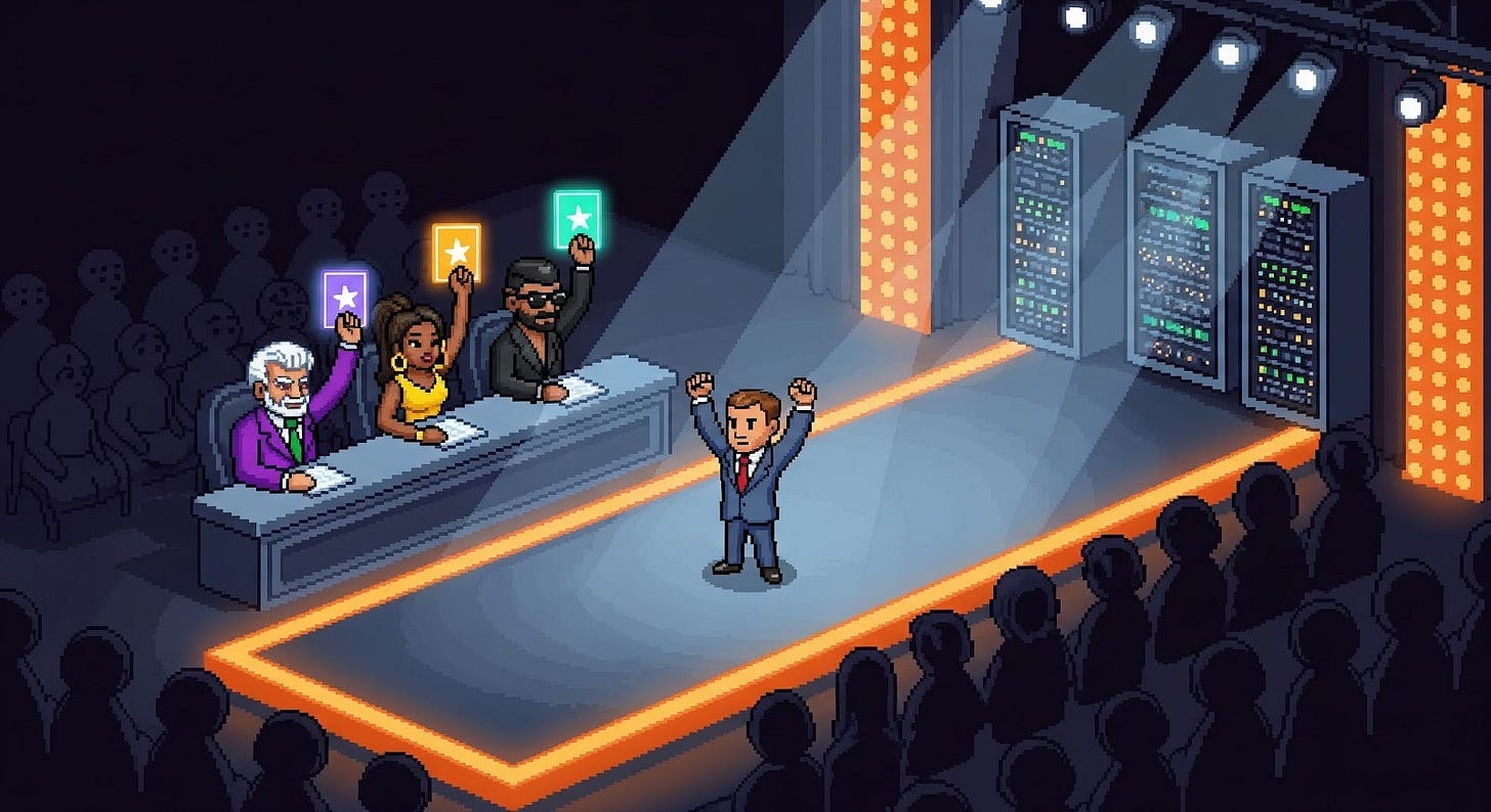 “90s retro pixel art in River City–inspired chunky sprites, scaled-up pixels, slightly isometric 3/4 view. The catwalk runway glows with #eb5622 perimeter lighting, #f9f4f2 spotlights, and #111315 audience silhouettes. The agent stands at center runway, triumphant beneath server-rack runway lights. The three judges raise glowing approval cards (simple bright shapes, no text). Audience remains dark silhouettes. Mood celebratory and star-making. At the side of the runway sits the fixed judges panel: a white-haired man in a purple suit, a young Latina woman in a yellow dress, and a mysterious man in all-black with sunglasses. The three judges raise glowing approval cards (simple bright shapes, no text). Mood celebratory and star-making. Camera wide stage shot. Continuity: same runway geometry, same judges, same ANTM palette.”