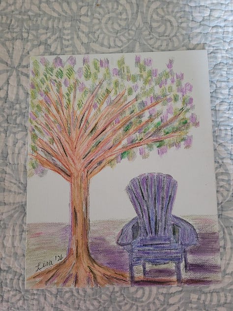 Woman with art easel, a bouquet of flowers, a series of artworks