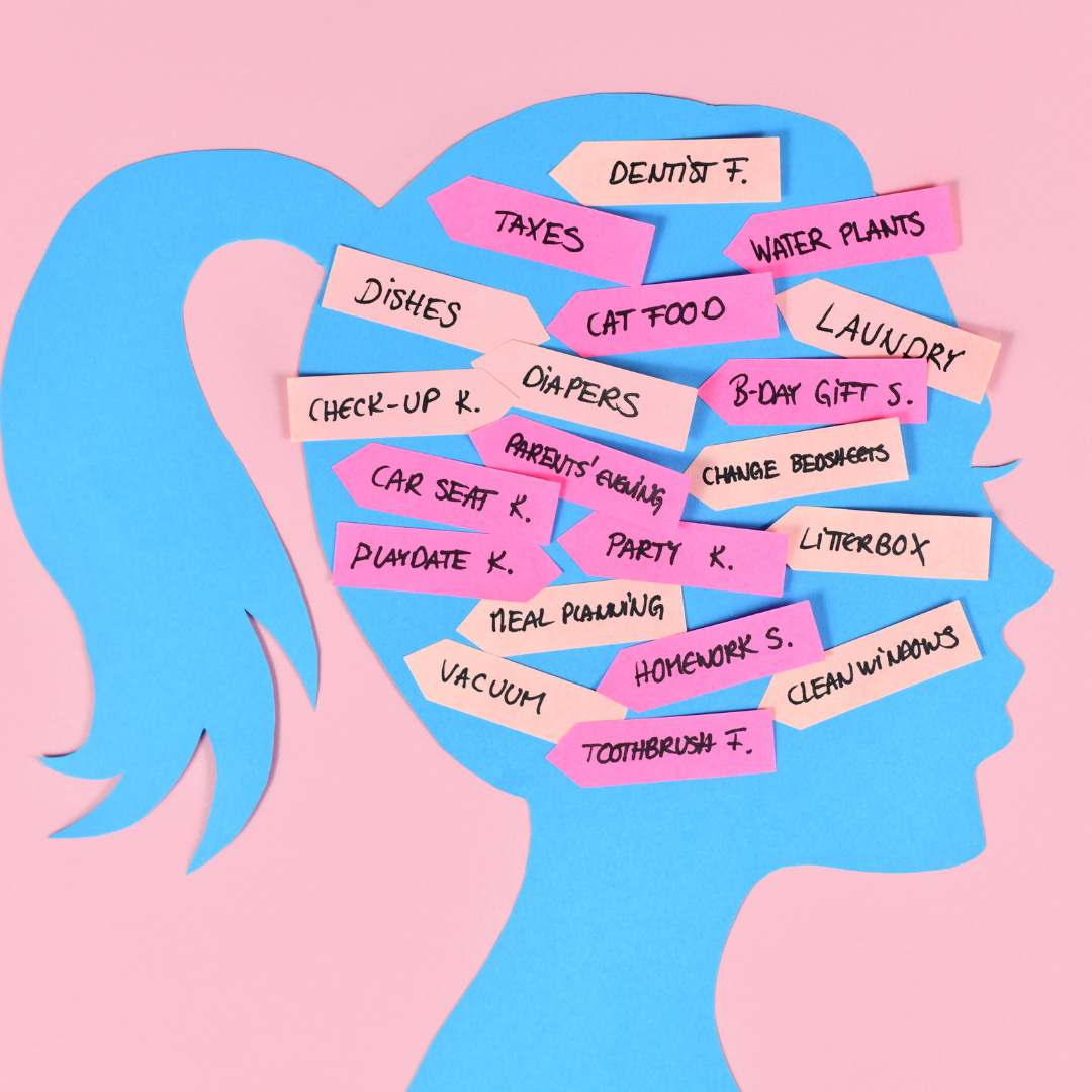 mental load en onzichtbare taken weergegeven als lijst in hoofd van vrouw