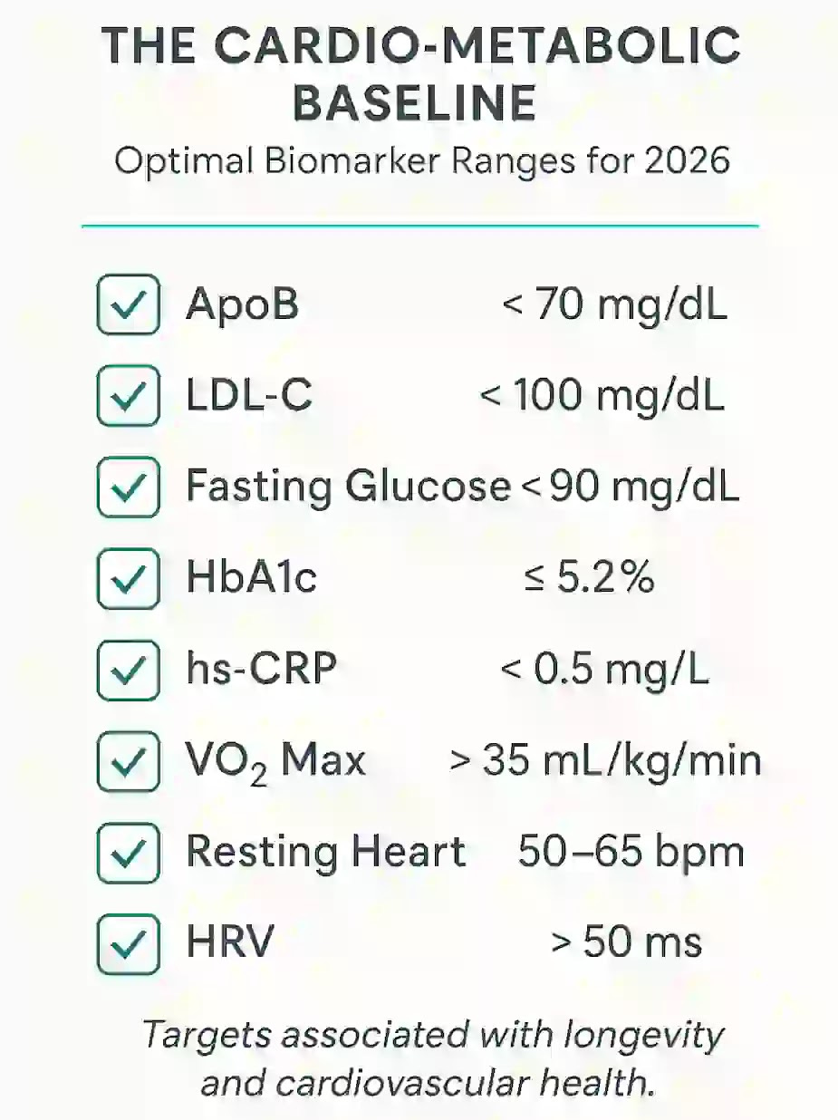 Infographic checklist showing optimal cardio‑metabolic biomarker ranges for 2026, with icons for heart, blood drop, DNA helix, and fitness metrics