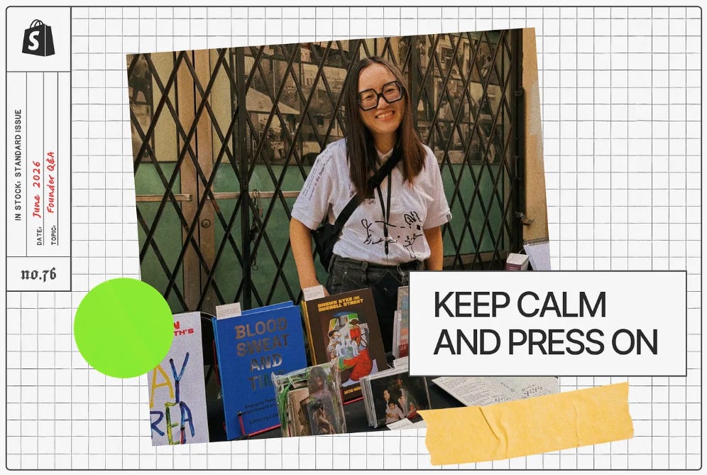 Article section titled “The indie publishing renaissance is here,” with a collage-style image of a person standing behind a table of books  and zines. The image appears on a grid-paper background with a Shopify bag icon, issue label, bright green circle, yellow tape detail, and  the caption “Keep calm and press on.”