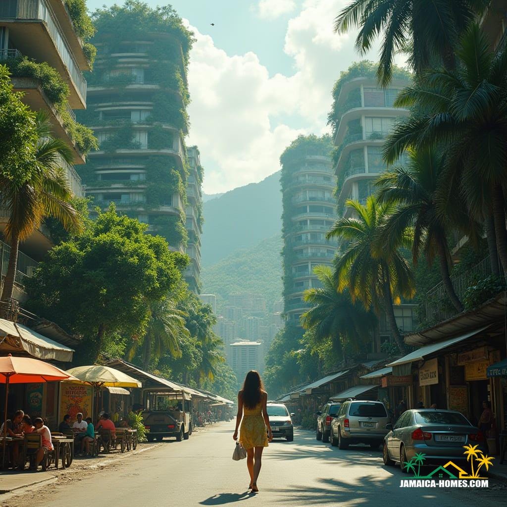 Downtown Kingston's sleek skyscrapers, wrapped in lush greenery and cascading waterfalls, surrounded by Jamaican vendors in sky-level public plazas, reggae murals on lower levels, amidst modern elevated roads, with tropical mountain backdrop, in a cinematic film still, inspired by the styles of Syd Mead, Ash Thorp, and Simon Stalenhag, with film grain, vignette, and color grading, evoking a sense of epic, atmospheric, and dramatic, 35mm film quality.
