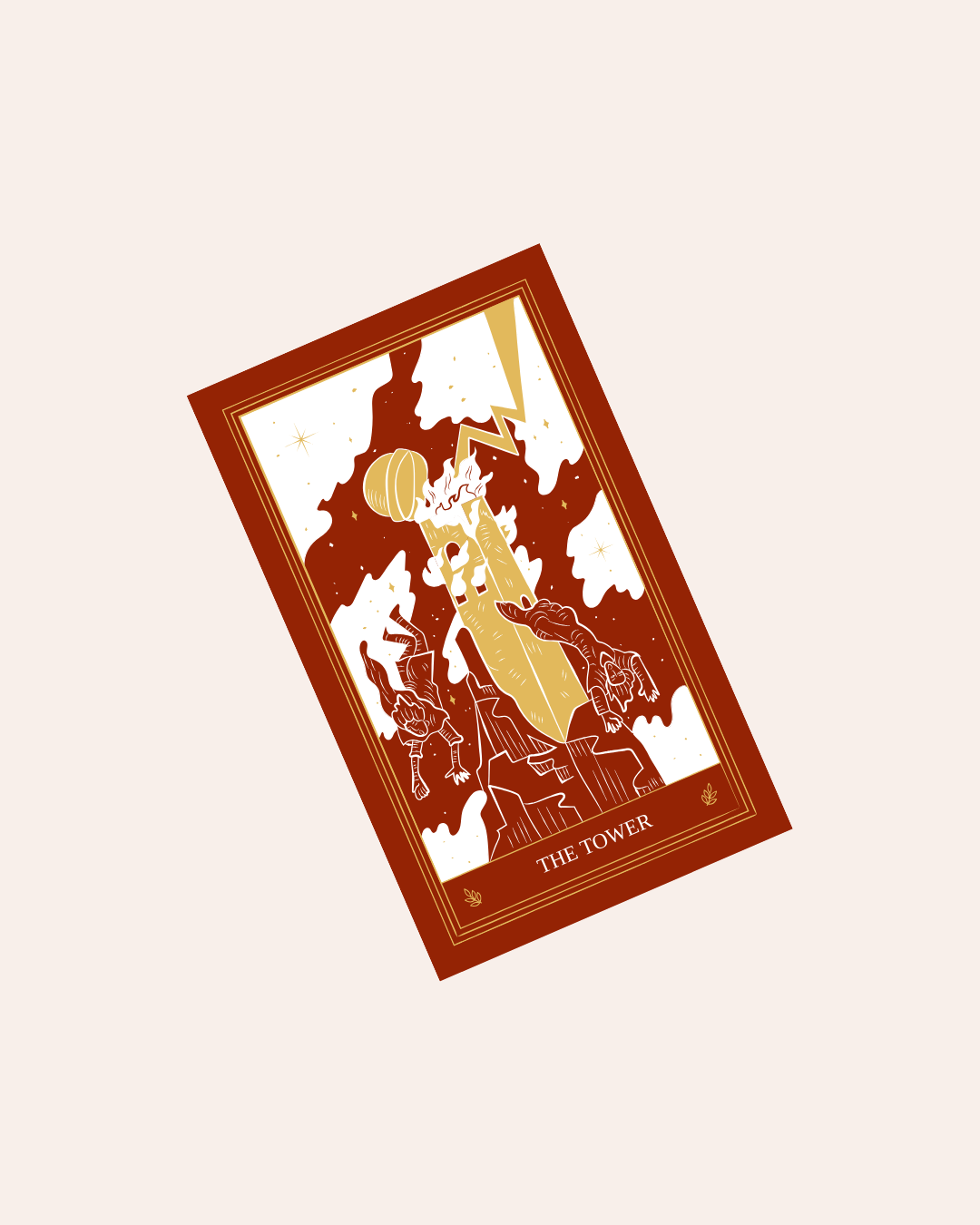 A tower with lightning bolt and fire on top, while 2 people fall from it. "The Tower" is written at the bottom of the card, indicating it's a tarot card.