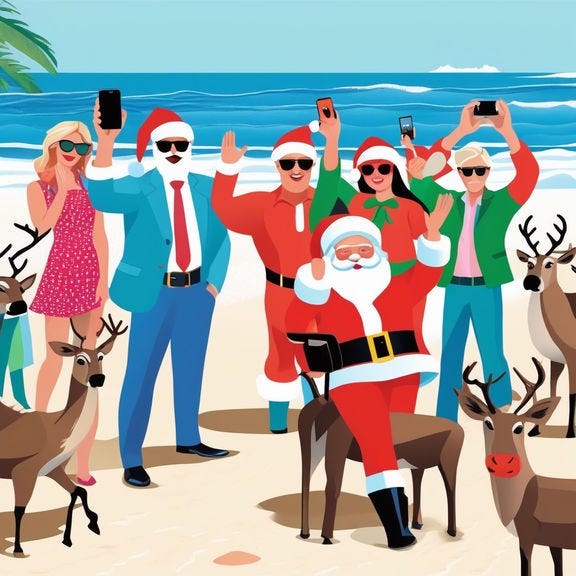 Prompt: Journalists and santa claus and reindeers standing on the beach in Austrarlia with iphones and waving, in the style of David Hockney