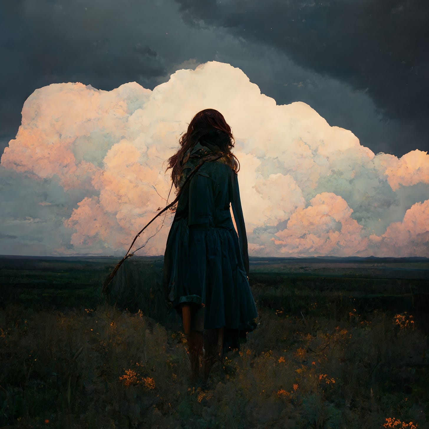 Painting of a woman walking across a grassy plain towards towering storm clouds