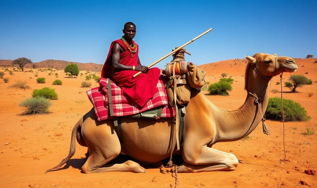 A Samburu warrior sits atop a resting camel in the arid northern Kenyan landscape. The camel is kneeling on dry, sandy ground, laden with gear: a wooden pack saddle draped in a red-and-white checkered cloth, various bags and supplies strapped on for a long trek. The warrior, dressed in traditional red shuka cloth wrapped around his body, wears colorful beaded necklaces and bracelets typical of Samburu adornment. He holds a long staff or spear, with a calm and composed expression, gazing slightly off-camera. Sparse acacia trees and low green shrubs dot the sun-baked background under a clear blue sky, evoking the remote, rugged beauty of Kenya's wilderness. The scene captures the essence of nomadic life and camel-supported journeys in this region. A Samburu warrior sits atop a resting camel in the arid northern Kenyan landscape. The camel is kneeling on dry, sandy ground, laden with gear: a wooden pack saddle draped in a red-and-white checkered cloth, various bags and supplies strapped on for a long trek. The warrior, dressed in traditional red shuka cloth wrapped around his body, wears colorful beaded necklaces and bracelets typical of Samburu adornment. He holds a long staff or spear, with a calm and composed expression, gazing slightly off-camera. Sparse acacia trees and low green shrubs dot the sun-baked background under a clear blue sky, evoking the remote, rugged beauty of Kenya's wilderness. The scene captures the essence of nomadic life and camel-supported journeys in this region.