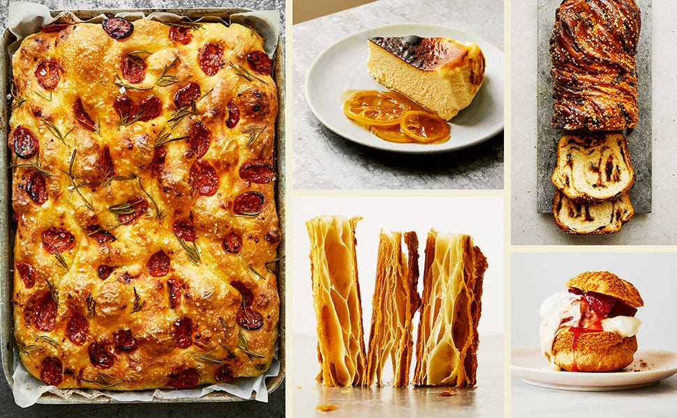 banner: tomato focaccia, custard, babka, and flaky pastry crust banner: tomato focaccia, custard, babka, and flaky pastry crust