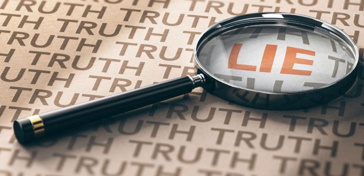 Photo of a magnifying glass over the world "lie"