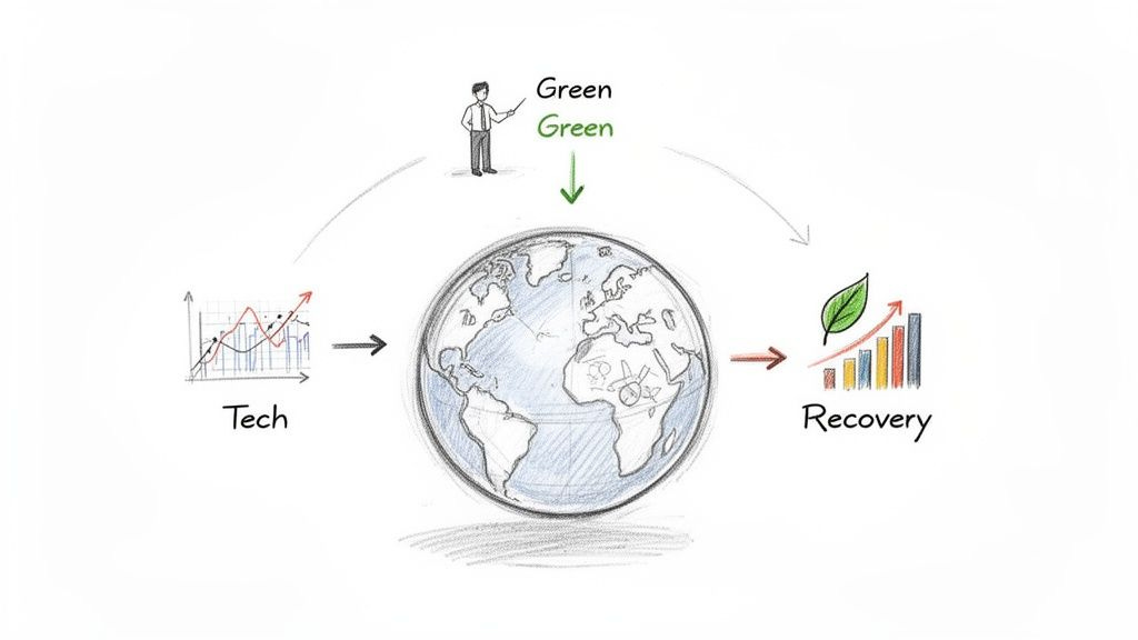 A diagram shows tech and green initiatives contributing to global recovery.