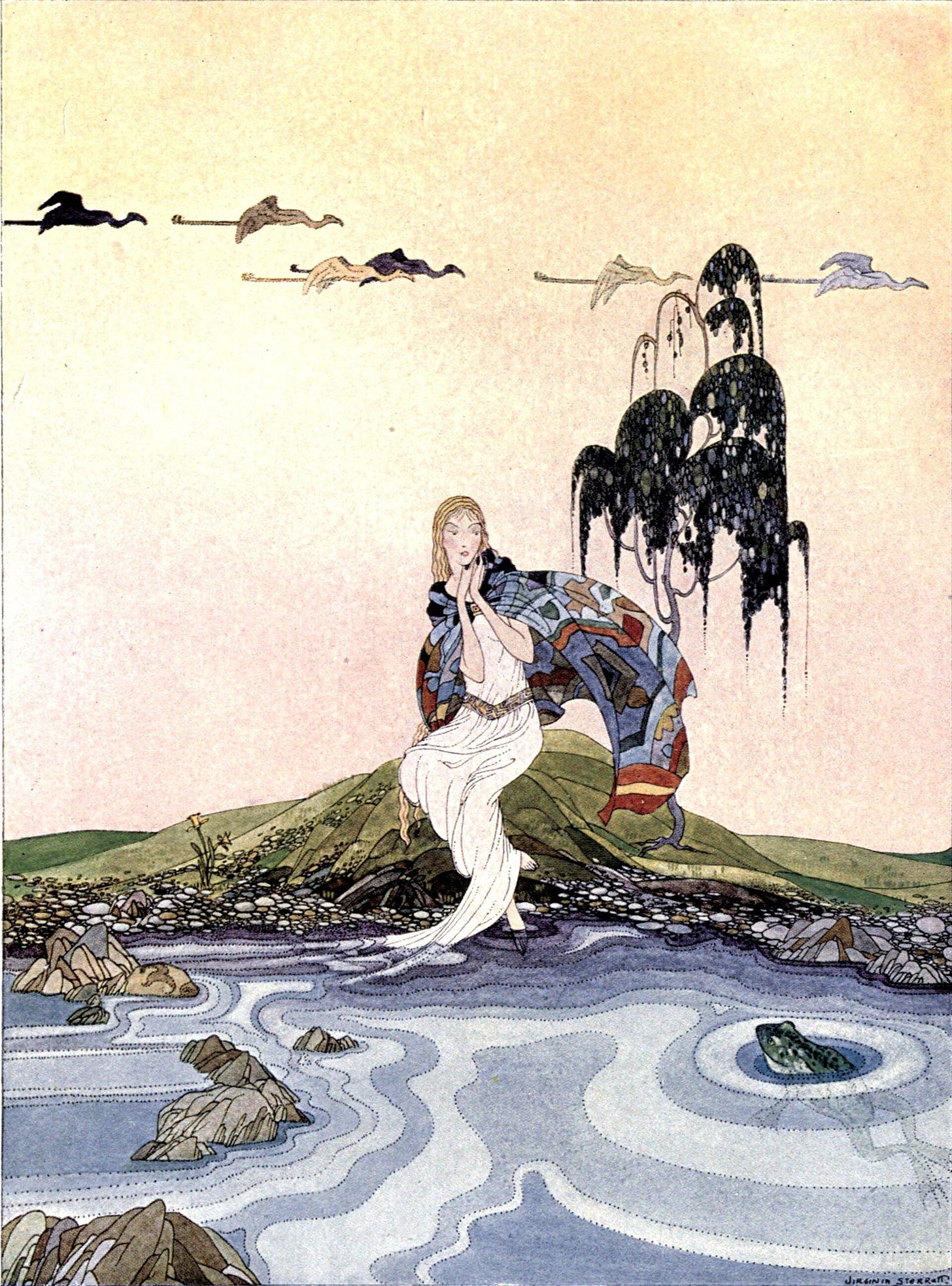 A girl in a long dress sits on a rock at the edge of dark water while a large toad rises toward her from the pool, in soft greens and blues. A girl in a long dress sits on a rock at the edge of dark water while a large toad rises toward her from the pool, in soft greens and blues.