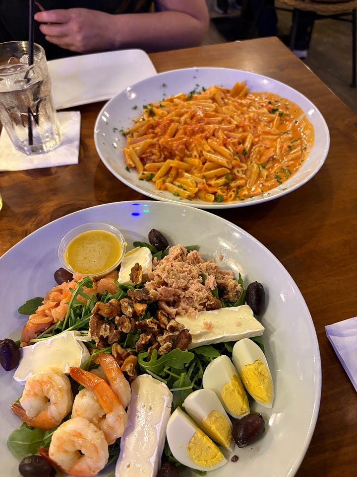 top left: egg, chorizo and plantain breakfast sandwich; top right: chicken tacos; bottom left: ice cream with churro stuck in it; bottom left: smoked salmon pasta and a salad with brie, seafood, walnuts, etc.