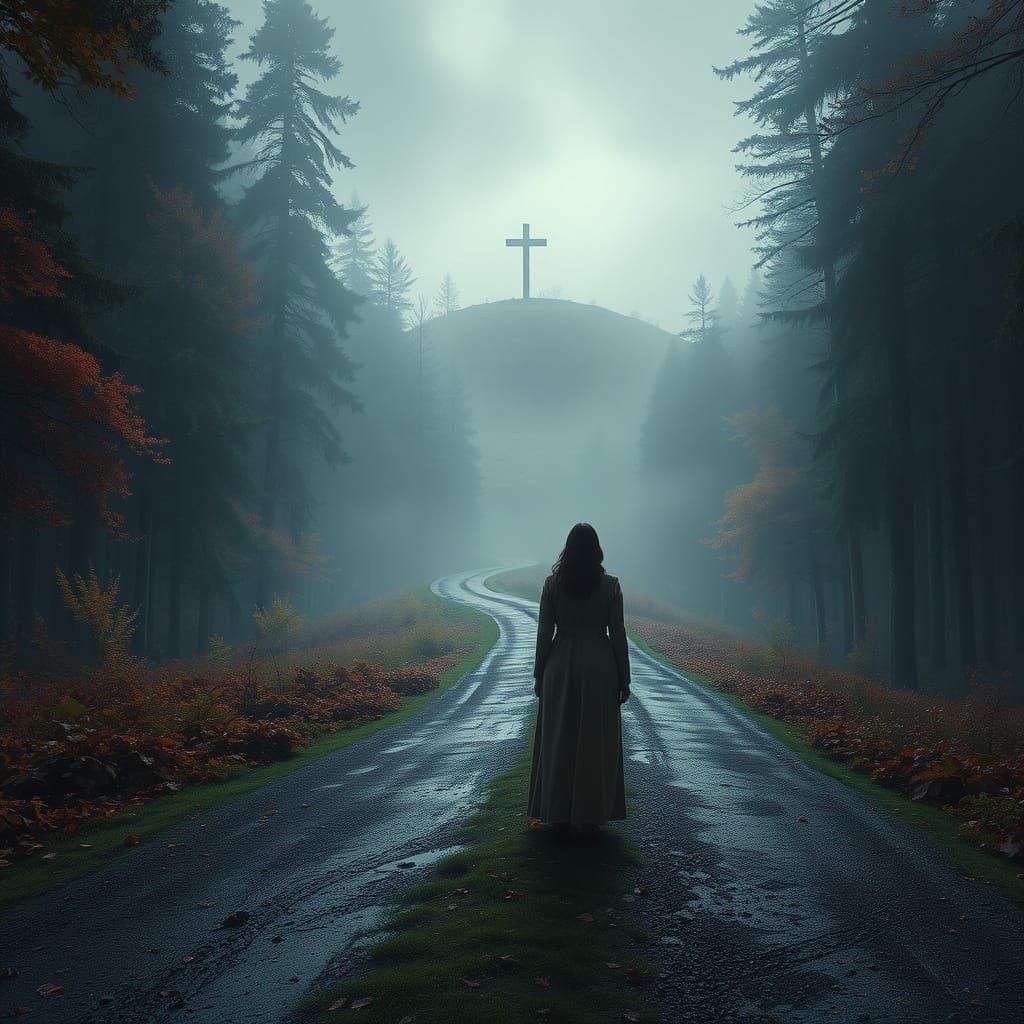 photorealistic, crossroads in a forest leading to an empty cross on a hill,
