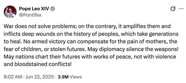 Tweet by @Pontifex advocating for diplomacy, peace, and against war&#x27;s impact on people, especially mothers and children. 3.9M views