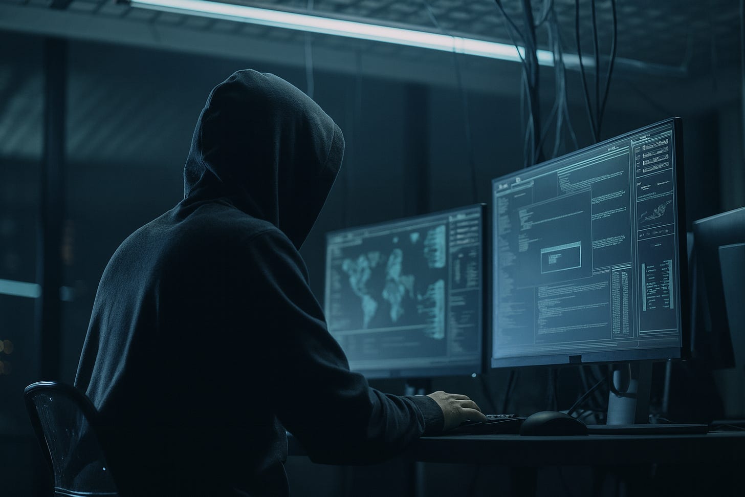A hooded individual working at a desk with multiple computer monitors displaying data and code in a dimly lit, blue-toned tech workspace. A hooded individual working at a desk with multiple computer monitors displaying data and code in a dimly lit, blue-toned tech workspace.