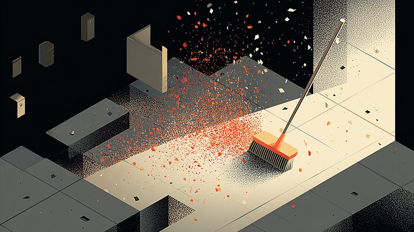 A surreal illustration of a broom sweeping across a tiled floor, scattering glowing red and white fragments into the air. The background fades into darkness with geometric shapes and door-like panels suspended midair. The scene evokes a sense of transformation or renewal, blending order and chaos in a dreamlike environment. A surreal illustration of a broom sweeping across a tiled floor, scattering glowing red and white fragments into the air. The background fades into darkness with geometric shapes and door-like panels suspended midair. The scene evokes a sense of transformation or renewal, blending order and chaos in a dreamlike environment.