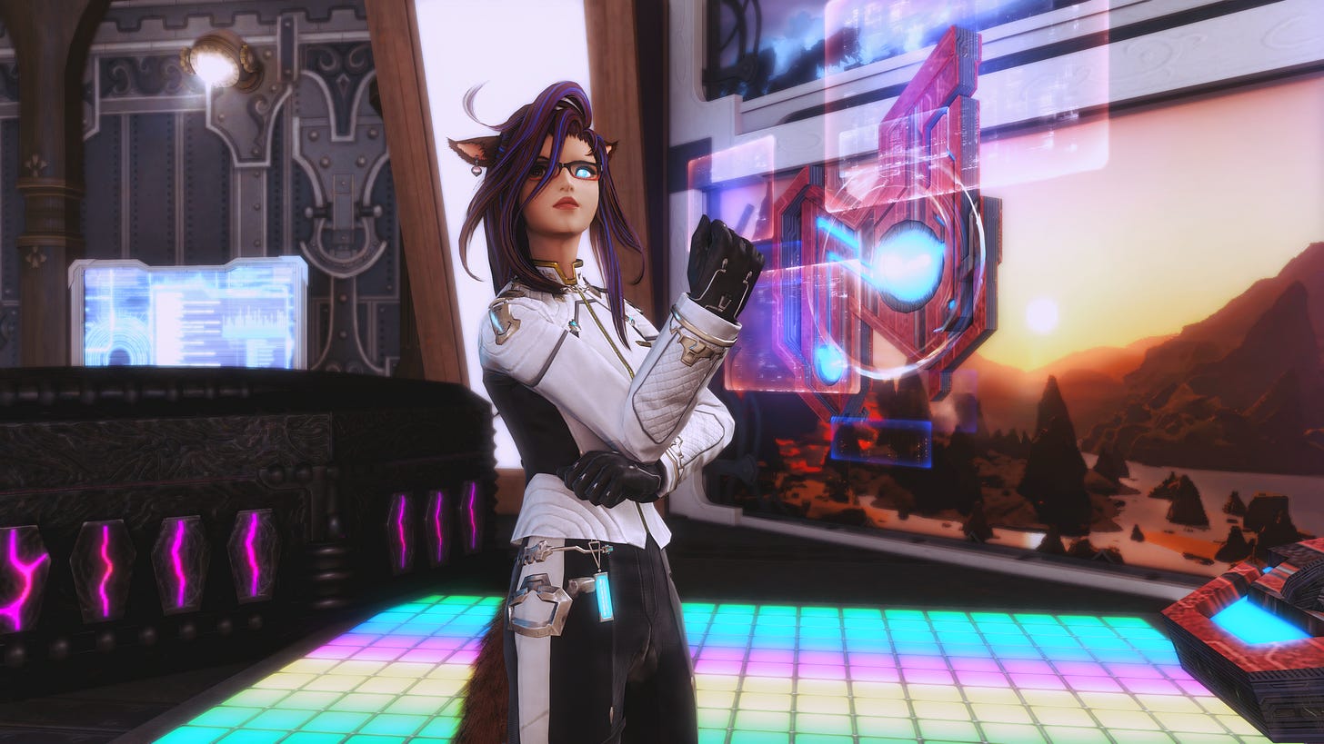 A medium shot of Joan Arcwolf-Dhivri, Director of the Heralds of Jijivisa, standing in a high-tech command center. A Miqo’te with long dark hair and vibrant purple highlights, she wears black-rimmed glasses and a single glowing blue eye that pierces through the laboratory’s dim light. She is dressed in a crisp white and black tactical uniform with gold trim and black gloves, posed in a stance of calculated leadership with her chin resting on a gloved hand.  The background is a dense array of technical infrastructure: glowing red and blue holographic interfaces float to her right, while a large viewport behind her reveals a sunset over a jagged, mountainous landscape. To her left, data-heavy monitors and a dark console with recessed purple lights complete the workspace. She stands upon a floor of illuminated, multi-colored LED tiles, positioned as the central point of authority between the complex data of the ENSTRAD and the horizon of the world beyond.