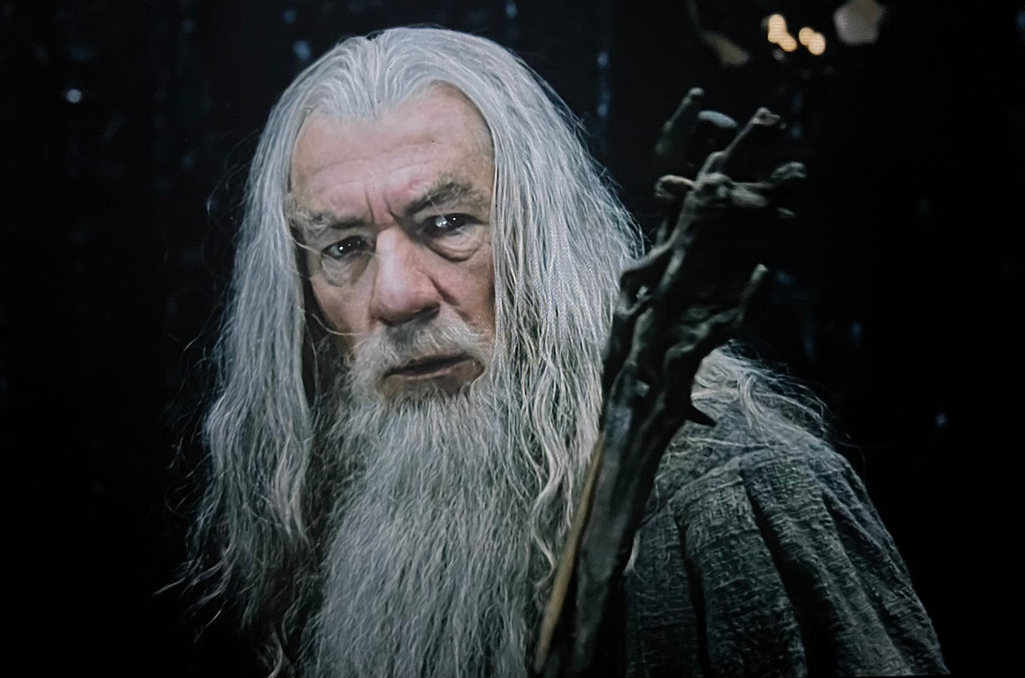 Ian McKellen as Gandalf in The Lord of the Rings: The Fellowship of the Ring, 2001 He looks at Sarumon with an appalled expression