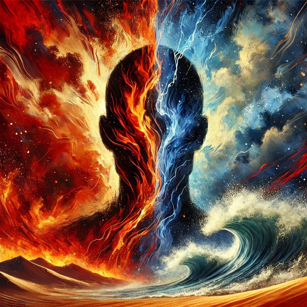 An abstract representation of anger and emotional turmoil: A fractured human silhouette split between fire and ice. Chaotic waves crash against burning sand dunes in the background, symbolizing inner conflict. The colors are intense, with deep reds, blues, and blacks creating a sense of overwhelming tension.