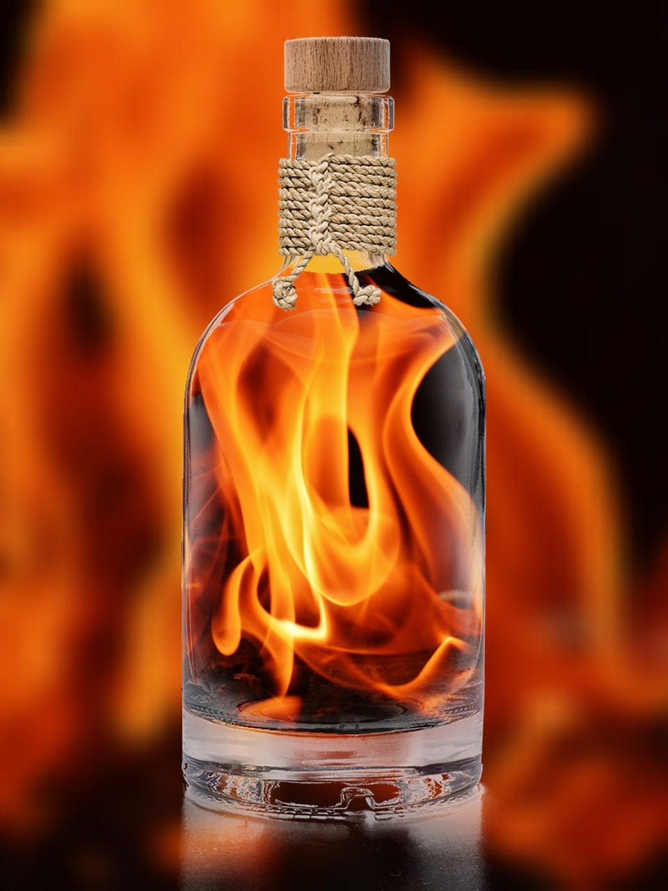Empty bottle with fire in background