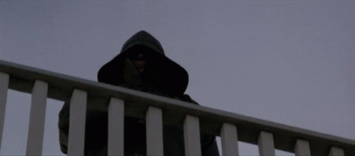 a person holding a hook on a railing with a hood on a person holding a hook on a railing with a hood on