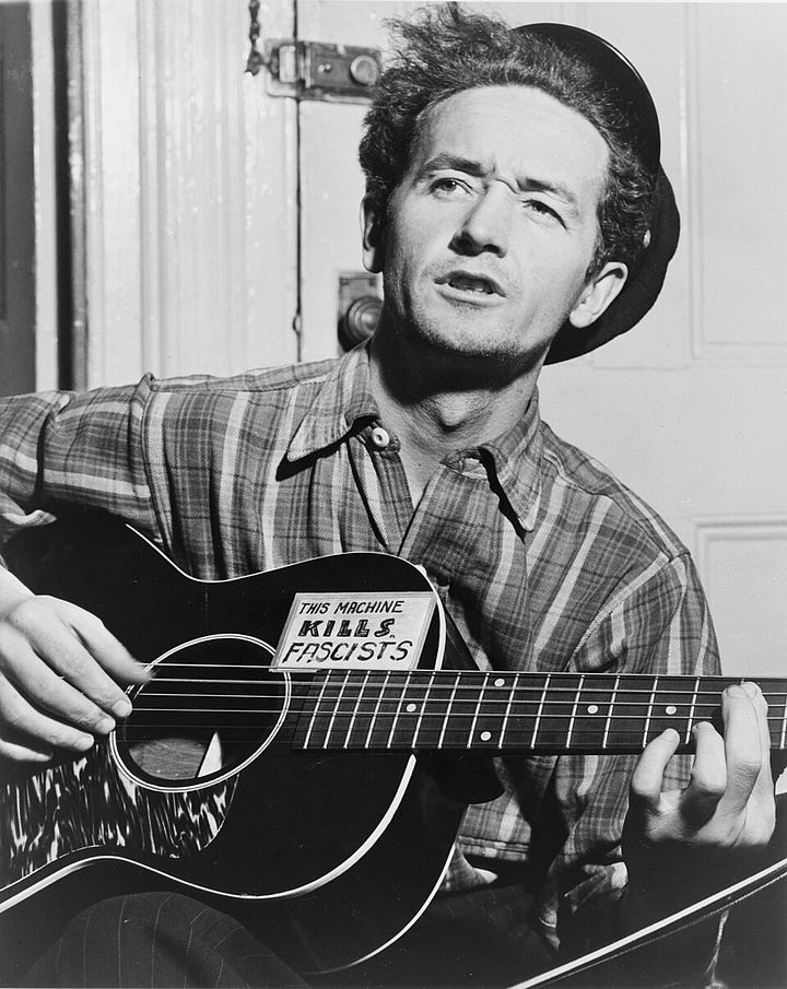 Left: Donald Trump with a steak taco for a head. Je wears a white shirt, red tie, and blue suitcoat. He gtives a thumb up. Right: Woody Guthrie in a black-and white photo. His black guitar features a sticker that reads "THIS MACHINE KILLS FASCISTS." He wears a dark hat and a striped shirt..