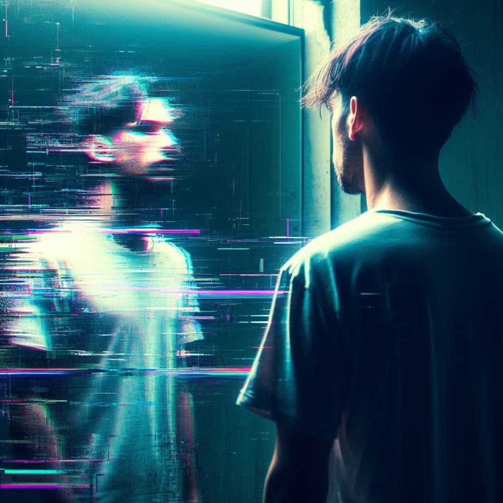 “a man standing in front of a mirror gazing into his reflection, but the reflection is distorted and glitchy” / Bing Image Creator