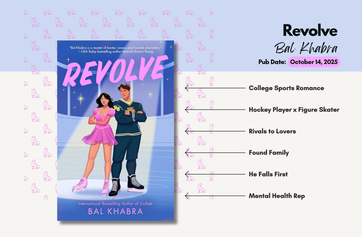 ALT suggestion for SEO: "Book tropes for Revolve by Bal Khabra.” Tropes are identified as College Sports Romance, Hockey Player x Figure Skater, Rivals to Lovers, Found Family, Mental Health Rep, He Falls First"