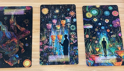 Images of New Orleans' French Quarter + swamp, including iconic balconies dripping in ferns, a swamp gator near Slidell, Jordan in front of blue doors, a cemetary and two tarot card spreads.