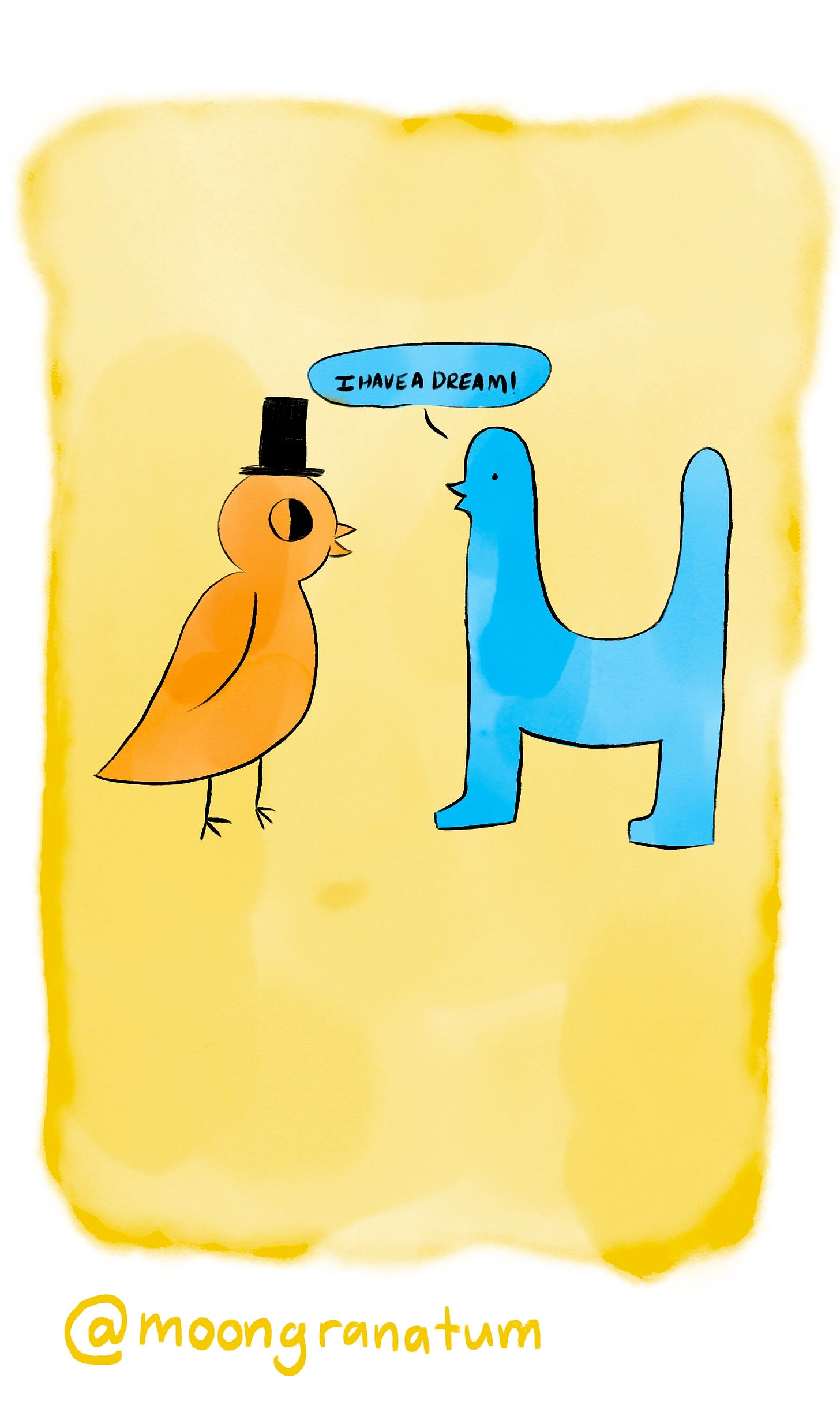 Moongranatum, a digital watercolor comic about birds. Panel 10 text reads: I have a dream. Moongranatum, a digital watercolor comic about birds. Panel 10 text reads: I have a dream.