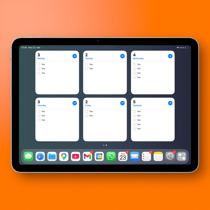 iPad Home Screen showing multiple Apple Reminders widgets for each day of the week.
