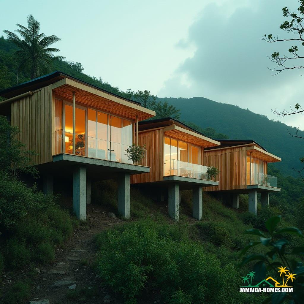 Cinematic film still of beautiful, modern bamboo homes on a Jamaican hillside, featuring expansive glass and abundant natural light. Concrete pillars provide structural support between homes, which are no wider than a van, nestled between two standard concrete dwellings. Shot on V-Raptor XL, with characteristic film grain, vignette, cinematic lighting, and professional color grading. Post-processed for a stunning, atmospheric masterpiece with 35mm film quality.