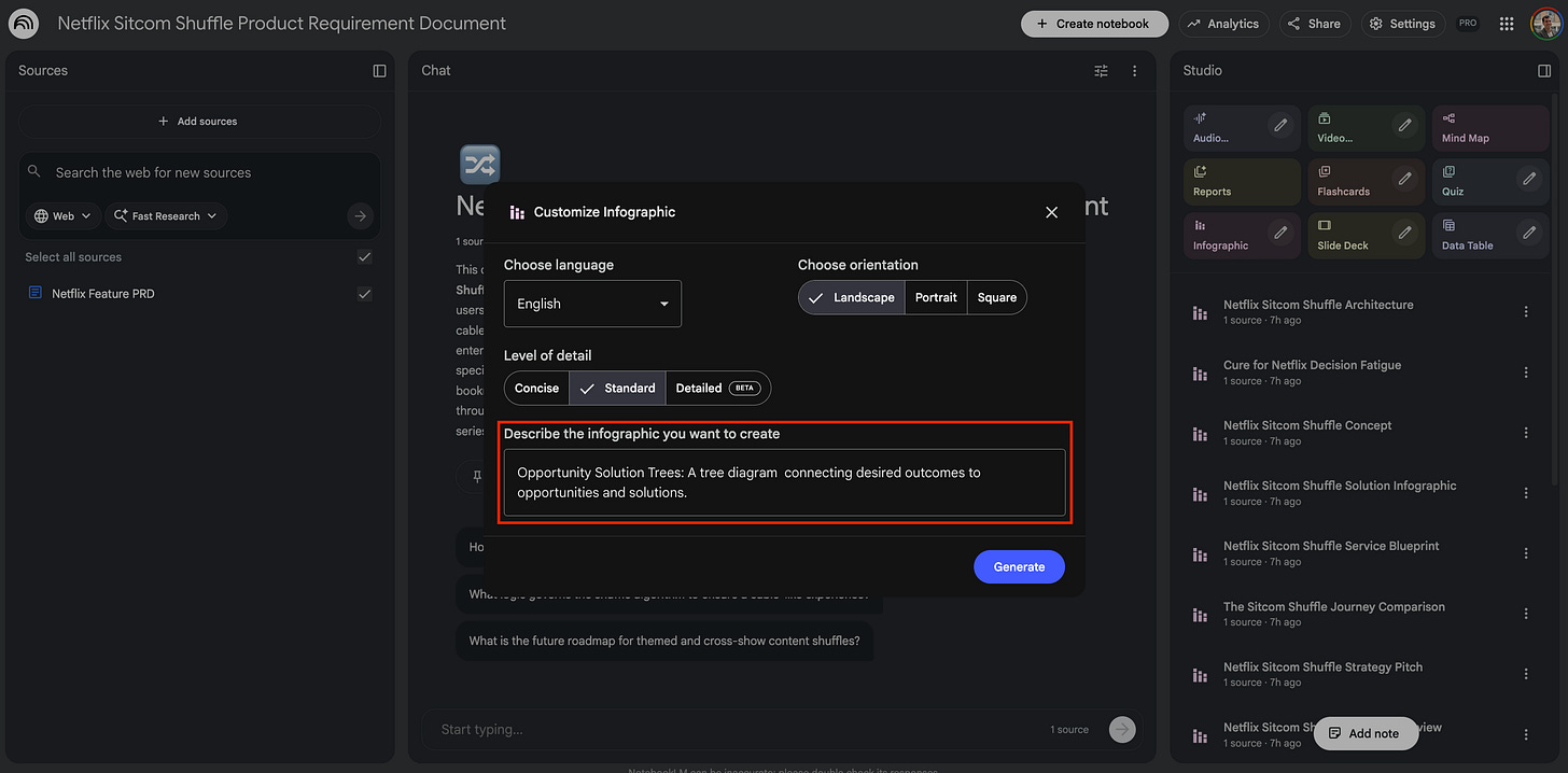 Screenshot of a modal window in NotebookLM where the user is typing specific instructions to describe the desired infographic.