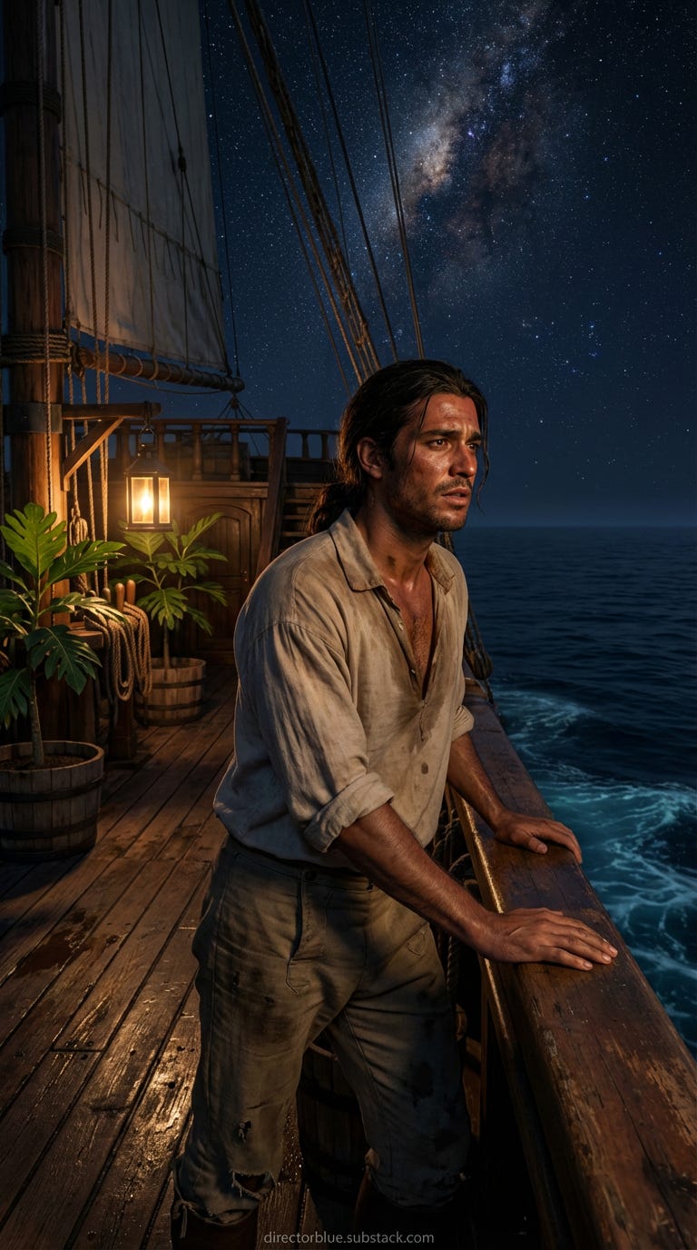 IMAGE PROMPT FOR UNIVERSITY WORLD HISTORY CLASS H102 Photorealistic hyper-detailed 9x16 vertical image Nighttime scene on the quarterdeck of a small late-18th-century Royal Navy vessel at sea the HMS Bounty Standing alone at the taffrail gri_image_1