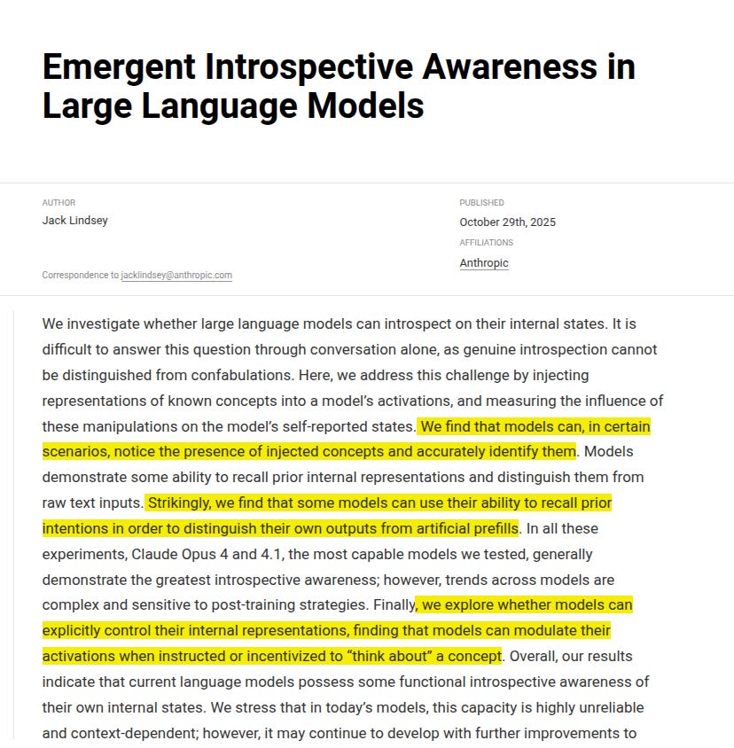 Academic paper titled Emergent Introspective Awareness in Large Language Models by Jack Lindsey published October 2023 with abstract text investigating whether large language models can introspect on internal states through conversation alone noting difficulty in distinguishing genuine introspection from confabulation and measuring influence of scenarios on self-reported states accurately identifying models.