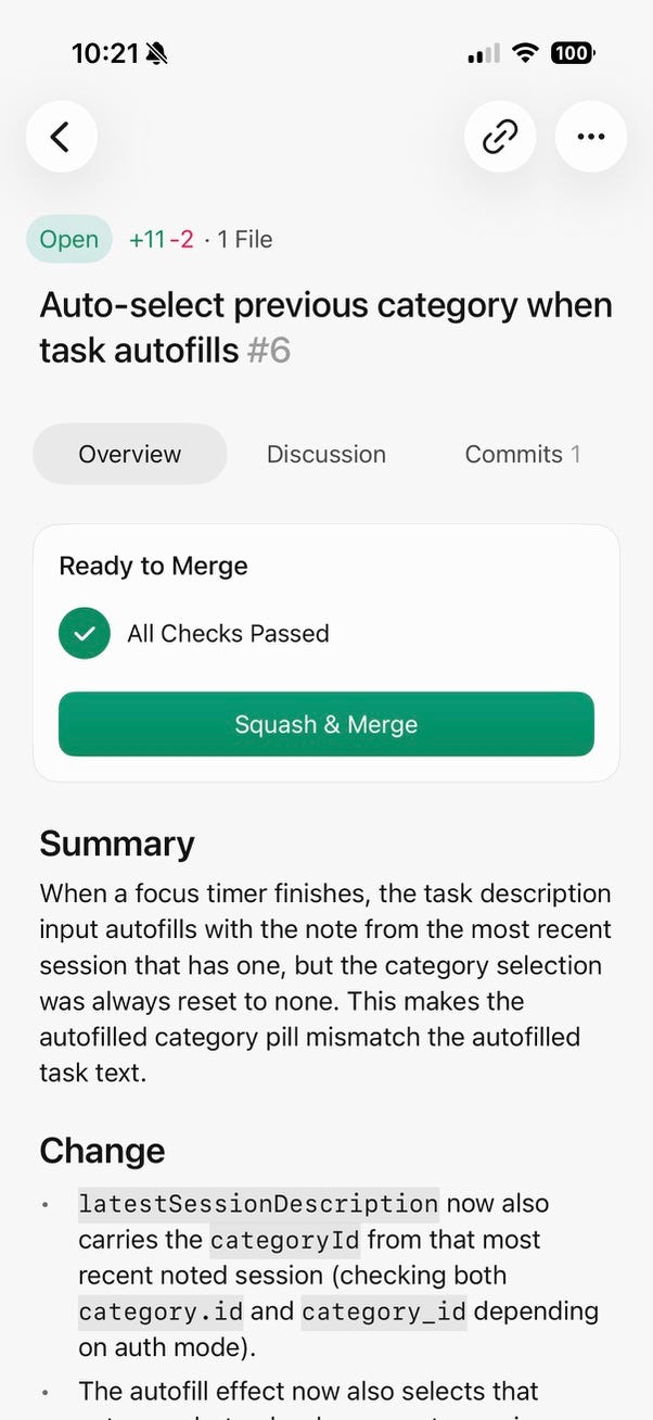 The Cursor iOS app viewing a pull request