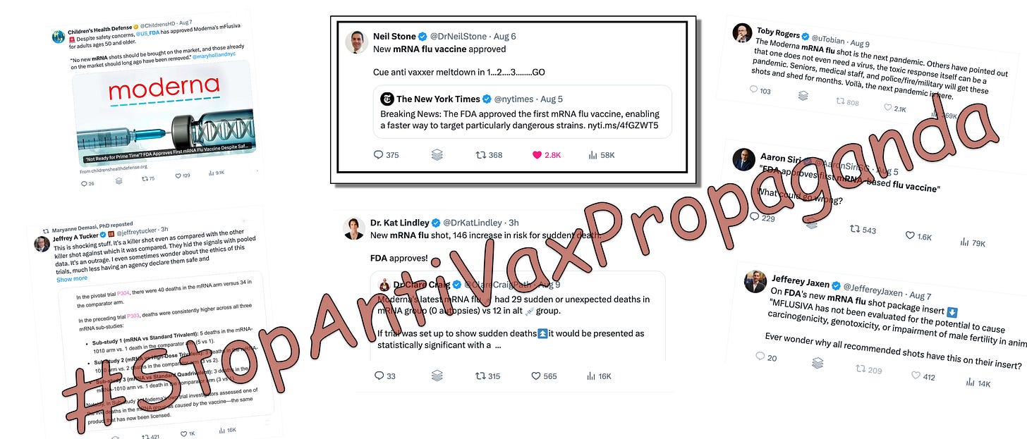Once the new mRNA flu vaccine was approved, anti-vaccine influencers got their orders to attack it by laundering misinformation across their social media accounts and websites. Once the new mRNA flu vaccine was approved, anti-vaccine influencers got their orders to attack it by laundering misinformation across their social media accounts and websites.