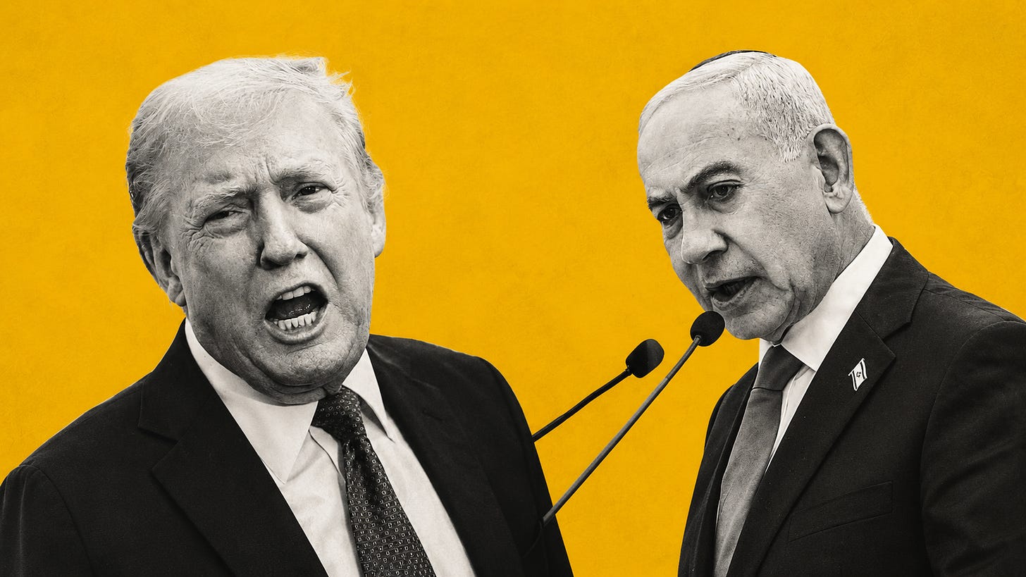 Donald Trump and Benjamin Netanyahu in a stylised yellow and greyscale editorial illustration symbolising rising tensions between the United States and Israel.