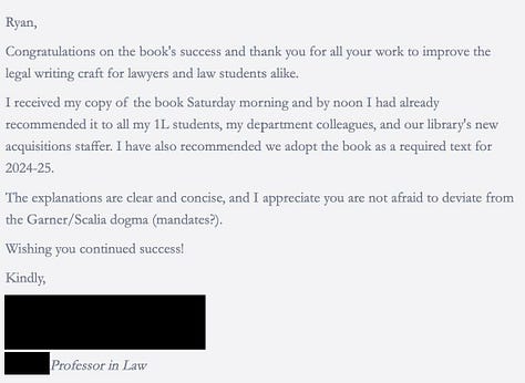 Social media posts and reviews of Ryan McCarl's Elegant Legal Writing