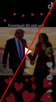 Screenshots of synthetic content posts: Trump and Harris holding hands on the beach; Musk sitting behind the Resolute Desk with Trump in a highchair in front of him; Musk and Trump playing instruments at Christmas