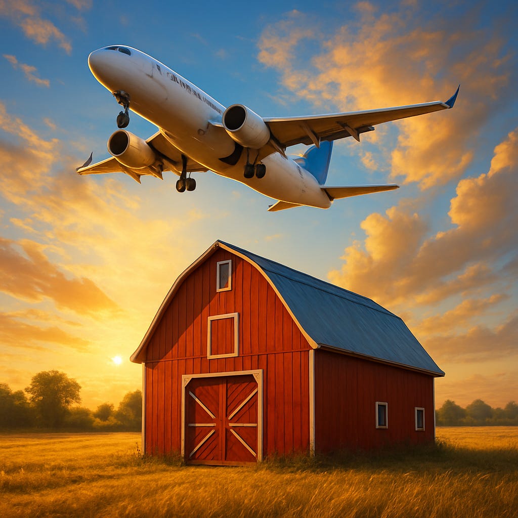 A photorealistic scene of a commercial airplane taking off above a classic red barn set in a golden field during sunset. The sky is filled with warm hues of orange, yellow, and soft blue, with scattered clouds glowing in the evening light. The barn has a traditional pitched roof and white-trimmed doors, standing in sharp contrast against the vivid, open landscape.