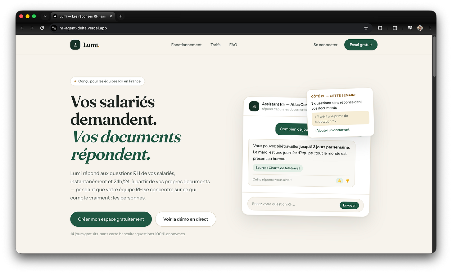 The Lumi landing page in French at hr-agent-delta.vercel.app, headed "Vos salariés demandent. Vos documents répondent.", with a cream background, a mockup of the employee chat answering a remote-work question with its source, and a card showing HR the questions left unanswered this week. The Lumi landing page in French at hr-agent-delta.vercel.app, headed "Vos salariés demandent. Vos documents répondent.", with a cream background, a mockup of the employee chat answering a remote-work question with its source, and a card showing HR the questions left unanswered this week.