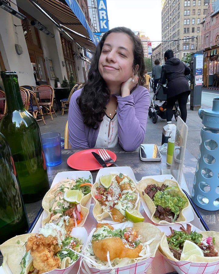 Photos of Katya enjoying her half birthday with friends. At the MET, at a cafe, at a Central Park drone show, at Tacos.